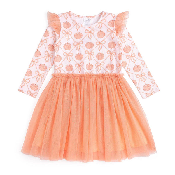 Sweet Wink Pumpkin Bow Trellis Long Sleeve Tutu Dress
