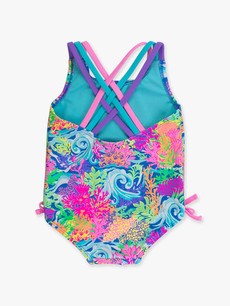 Ruffle Cross-Back One Piece Swimsuit Neon Ocean Coral