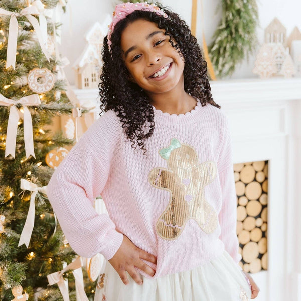 Sweet Wink Gingerbread Sequin Patch Christmas Sweater