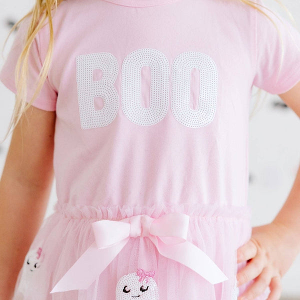 Sweet Wink Boo Sequin Patch Halloween Short Sleeve Tutu Dress
