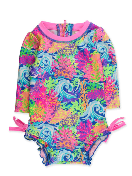 Ruffle Long Sleeve One Piece Rash Guard Neon Ocean Coral