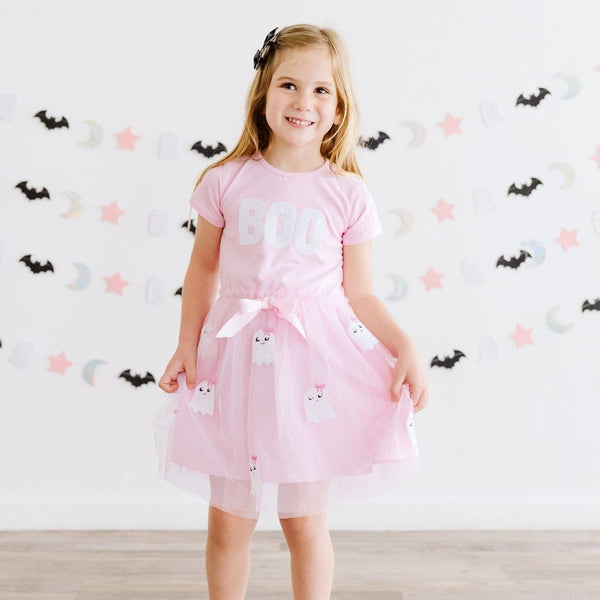 Sweet Wink Boo Sequin Patch Halloween Short Sleeve Tutu Dress