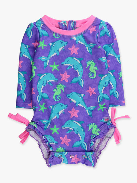 Ruffle Long Sleeve One Piece Rash Guard Neon Fin Friends