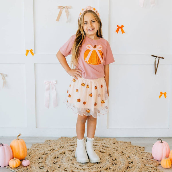 Sweet Wink Coquette Pumpkin Sequin Patch Short Sleeve T-Shirt
