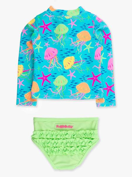 Ruffle Long Sleeve Zipper Rash Guard 2 Piece Neon Jelly Time