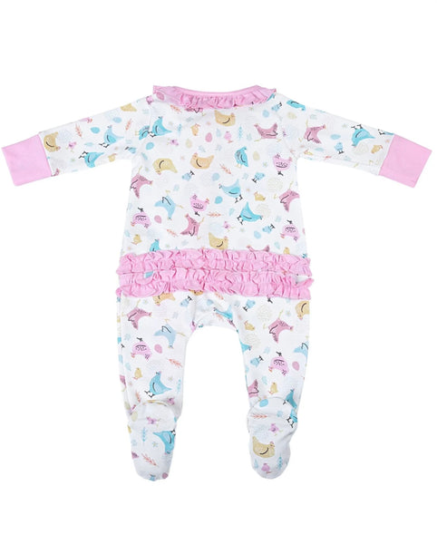 Magnolia Chickadees Printed Ruffle Zipper Footie