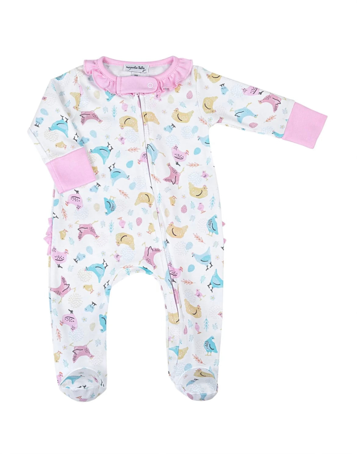 Magnolia Chickadees Printed Ruffle Zipper Footie