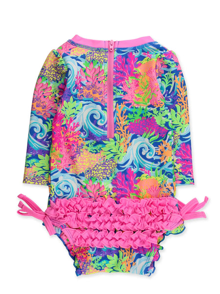 Ruffle Long Sleeve One Piece Rash Guard Neon Ocean Coral