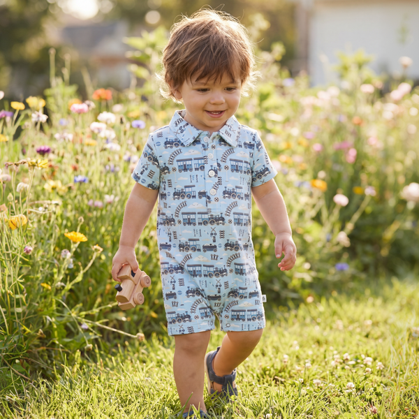 Sweet Bamboo Polo Romper - Choo Choo