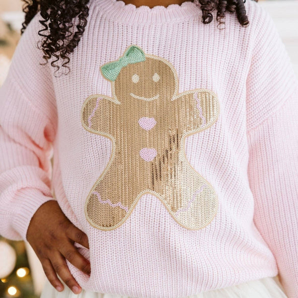 Sweet Wink Gingerbread Sequin Patch Christmas Sweater
