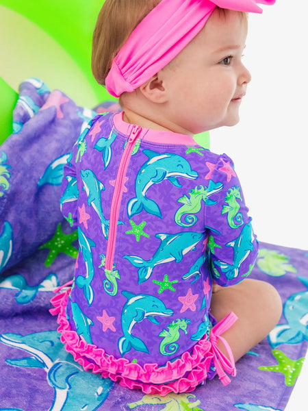 Ruffle Long Sleeve One Piece Rash Guard Neon Fin Friends