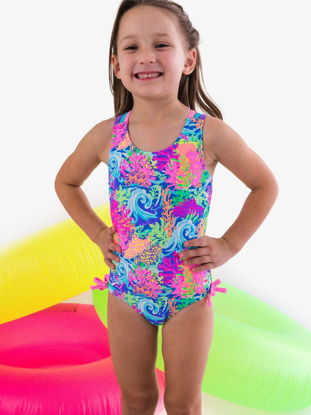 Ruffle Cross-Back One Piece Swimsuit Neon Ocean Coral