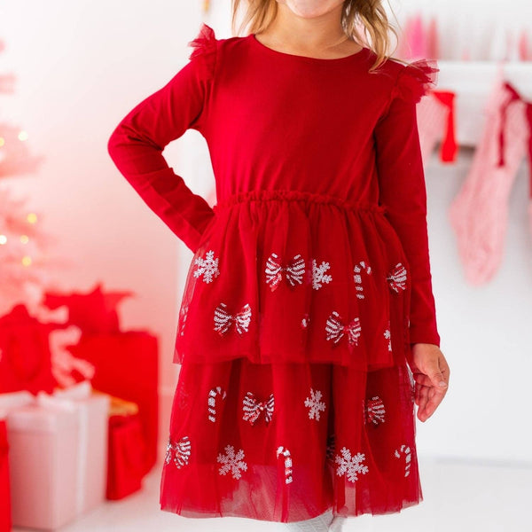 Sweet Wink Peppermint Swirl Sequin Christmas Long Sleeve Tutu Dress